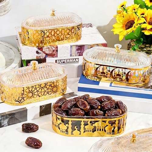 4 Pcs Ramadan Dates Holder Golden 7.2" Acrylic Vintage Platter Metal Eid Al-fitr Dessert Plate Serving Dish Trays with Clear Dome Lid Embossed Patterns for Ramadan Party Table Decoration by Unknown