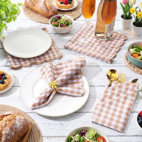 SmoothNovelty 24 Pack Buffalo Plaid Cloth Napkins 18x18 Inch Checkered Cloth Napkins Scalloped Soft Cotton Table Mat Washable Reusable for Dinner Wedding Holiday Birthday Parties (Classic,Khaki) - Image 4