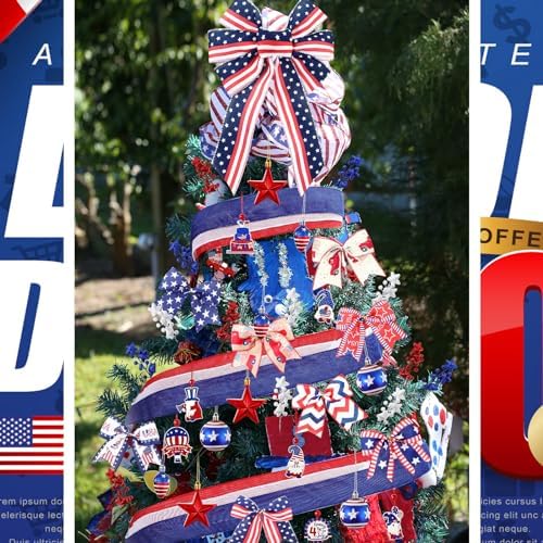43 Pcs 4th of July Patriotic Tree Decorations Independence Day Christmas Tree Ornaments Ribbon Bow Topper Red White and Blue Hanging Ornaments for National Memorial Day Party - Image 6