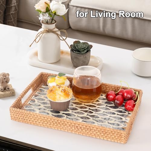 Rectangle Rattan Tray with Mother of Pearl Inlay, Rattan Serving Tray with Handle for Coffee, Bread, Fruits, Snacks, Decorative Wicker Tray for Table Decor (Rectangle Black Fish, 13"×9") - Image 5