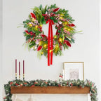 Christmas Wreath with Lights,Outdoor Pre-lit Christmas Wreaths for Front Door-24 Inch Xmas Door Wreath with Pine Needles Pine Cones and Red Berries- Farmhouse Home Christmas Decorations - Image 5