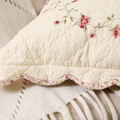 vctops Set of 2 Cotton Quilted Embroidered Decorative Square Throw Pillow Covers with Scalloped Floral Soft Cushion Case for Couch Sofa Bed (Flower D,18"x18") - Image 4