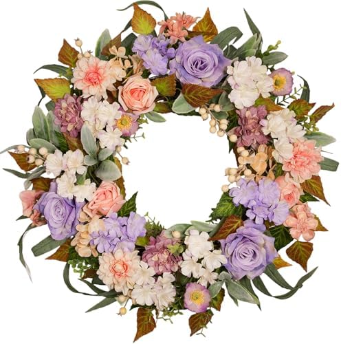 22 Inch Vintage Floral Wreath - Artificial Purple Pink Rose, Peach Dahlia, Hydrangea & White Berry with Boxwood, Lamb's Ear, Willow Eucalyptus, Indoor Outdoor Farmhouse Front Door Decor by wwmira