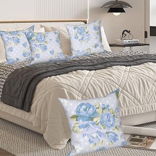 Sky Blue Flower Throw Pillow Covers 24"x24" Set of 4, Countryside Floral Sofa Cushion Cover for Chair Couch Bed Living Room Office Car Garden Patio Farmhouse Indoor Outdoor Decorative - Image 3
