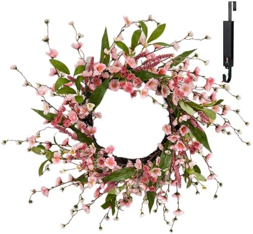 Solar Spring Wreath for Front Door Pre-lit 24inch 50LED Wreaths Spring Decorations for Home Outside Aftificial Pink Flower Wreaths Summer Decor Wreath for Wall Festival Decor(2402) by GlowingPetals