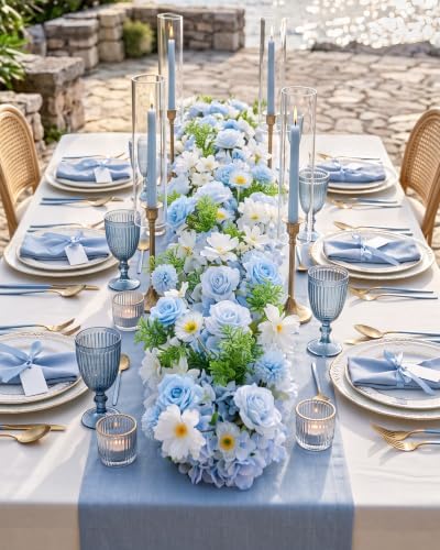 36 Inch Artificial Flower Garland with Chiffon Drape, Blue and White Rose Floral Runner Arrangement, Fresh Wedding Centerpieces for Tables, Arch, Aisle, Head Table and Ceremony Decor - Image 4