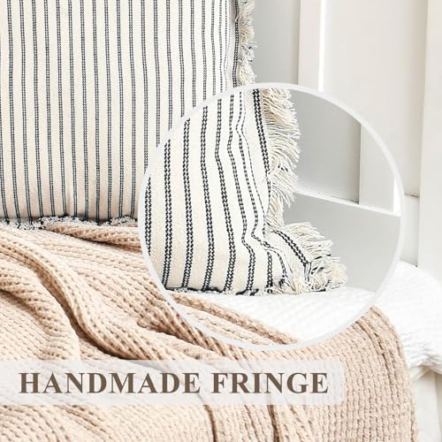 ZWJD Throw Pillow Covers 20x20 Set of 2 Striped Pillow Covers with Fringe Chic Cotton Decorative Pillows Square Cushion Covers for Sofa Couch Bed Living Room Farmhouse Decor, (Navy) - Image 3
