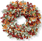 Waipfaru Fall Decor, 26 Inch Fall Wreaths for Front Door, Autumn Door Wreath with Lambs Ears Leave Eucalyptus Leaves Pumpkin Thanksgiving Harvest Halloween Farmhouse Home Outdoor Porch Indoor Decor by Waipfaru