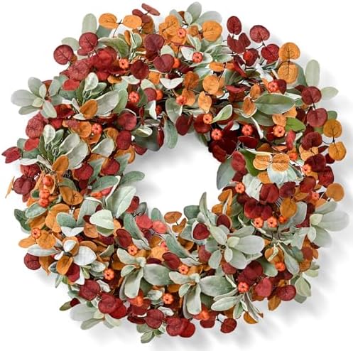 Waipfaru Fall Decor, 22 Inch Fall Wreaths for Front Door, Autumn Door Wreath with Lambs Ears Leave Eucalyptus Leaves Pumpkin Thanksgiving Harvest Halloween Farmhouse Home Porch Indoor Decor(2 PCS) by Waipfaru