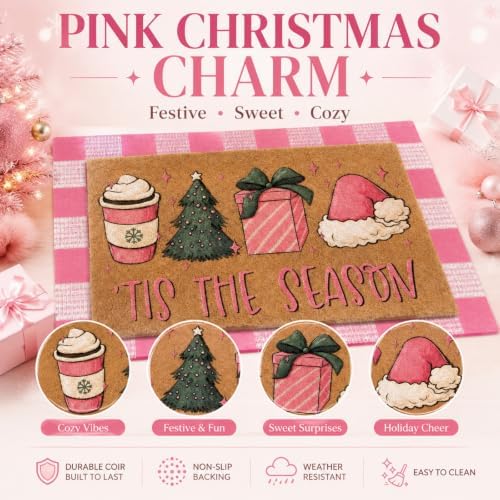 Tinideya 2 Pcs Pink Christmas Layered Doormat Set, Holiday Front Door Mats - Image 5