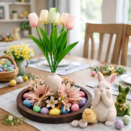 Easter Table Centerpiece with Ceramic Vase and Wood Tray, Easter Egg Table Decor and Pastel Wreath for Dining Room Table,Easter Table Artificial Flower Tulip Decor and Spring Decor (Ceramic Vase) by Unknown