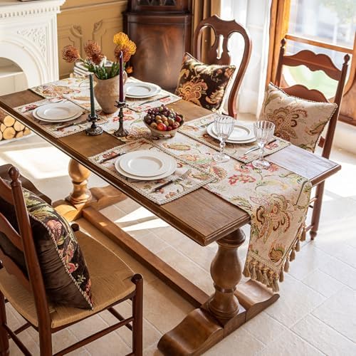 Floral Embroidered Table Runner 90 Inches Non-Slip Tassels, Ivory - Image 2