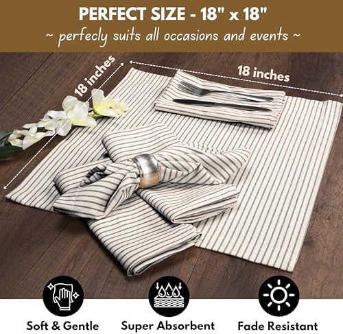 Native Fab Cloth Napkins 18x18 inches, 100% Cotton Vintage Stripped Dinner Napkins, Set of 12, Soft Breathable Absorbent, Machine Washable Cloth Napkins, Black Beige - Image 4