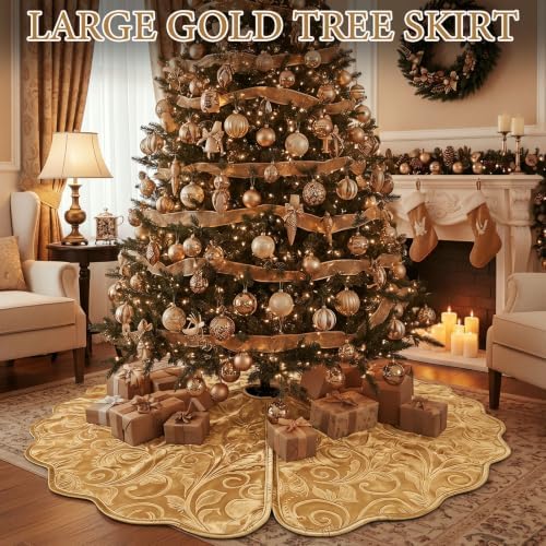 Velvet Christmas Tree Skirt Decor, 60 Inches, Scalloped Edge, Gold - Image 7