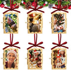 Qunclay 6 Pcs 2 x 3 Christmas Brass Picture Frame Ornaments Xmas Metal Double Glass Hanging Photo Frame with Burgundy Velvet Ribbon for Christmas Tree Decorations(Gold Burgundy, Scalloped Rectangle) - Image 7