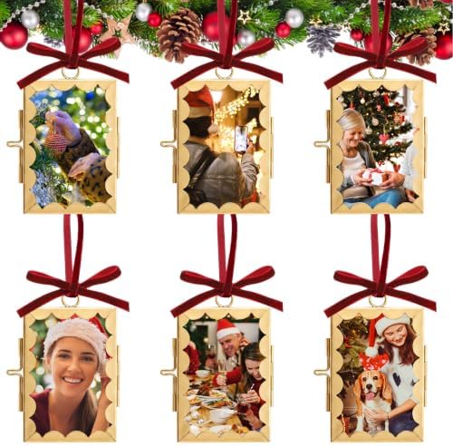 Qunclay 6 Pcs 2 x 3 Christmas Brass Picture Frame Ornaments Xmas Metal Double Glass Hanging Photo Frame with Burgundy Velvet Ribbon for Christmas Tree Decorations(Gold Burgundy, Scalloped Rectangle) - Image 7