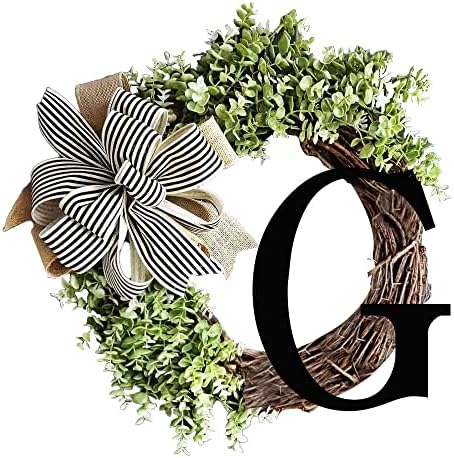 Monogram Initial Letter Wreaths for Front Door with Striped Linen Bow & Fake Green Grass on Grapevine Base Farmhouse Style Rustic Door Decor Spring Summer Green Wreath, G by VIVIANYO+HD