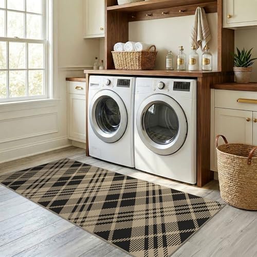 Easy Jute 2x6 Outdoor Runner Rug, Black & Beige Diagonal Plaid, Washable - Image 3