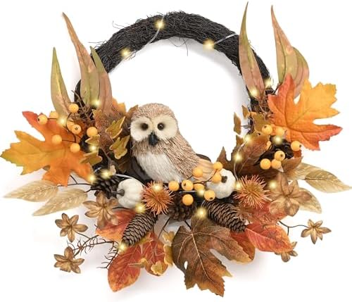 Valery Madelyn 18'' Fall Wreath for Front Door with Owl Pumpkin by ValeryMadelyn