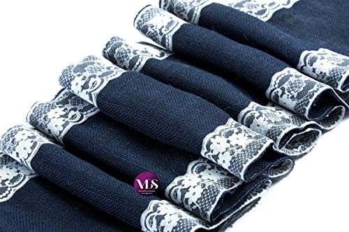 VDS Pack of 5, Burlap Table Runner with White Lace Edge, 100% Natural Jute Rustic Hessian Table Cloth Centerpiece for Wedding Birthday Party Banquet Table Decoration (Size 12X108 Inch)(Navy Blue) - Image 2