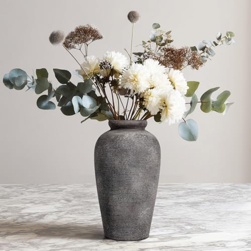 Large Rustic Terracotta Vase, 11 inch Tall Ceramic Flower Vase, Clay Farmhouse Decorative Vases for Flowers, Living Room, Shelf, Entryway, Home Decor, Grey by Wancetang