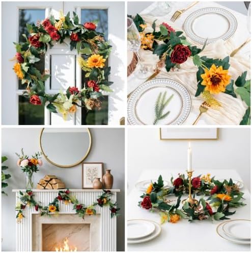 MAKHOT 2Pack Artificial Maple Leaves and Sunflowers Burgundy Roses Garland - Image 3