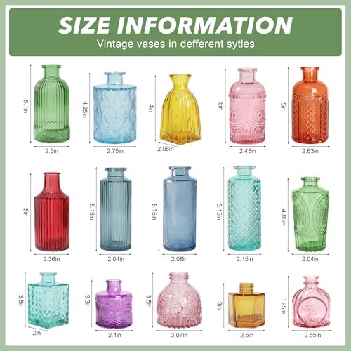 Colored Glass Vases Bulk 32 Pcs - Assorted Vintage Bud Vases for Wedding Centerpieces, Rustic Embossed Glass Bottles for Table Decor, Home Floral Arrangements with Bright Color Series (2-6 Inch) - Image 3