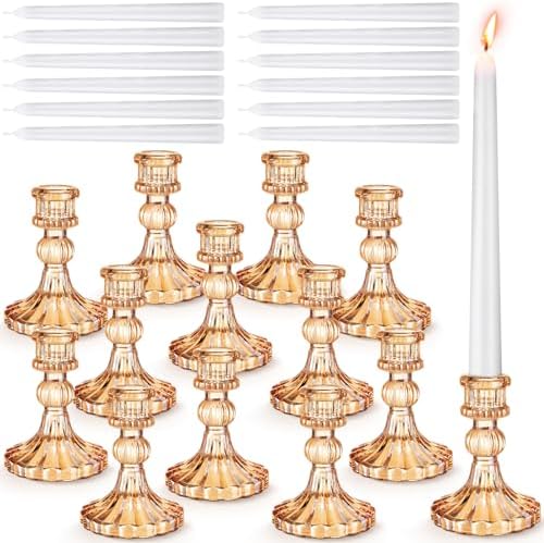 Suclain 24 Pcs Glass Candle Holder Set 12 Candlestick White Candles,Amber by Suclain