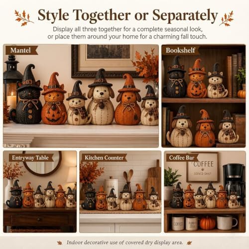 Vintage Witch Cat & Dog Decor Set, 3PCS Halloween Witch Cat & Dog Figurines, Rustic Black Cats Dogs Pumpkin Statues, Farmhouse Fall Decorations for Mantel, Bookshelf and Table (Cat) - Image 7