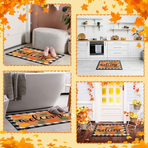 Tinideya 2 Pcs Fall Welcome Doormat 23x35 in Layered Buffalo Plaid Carpet Thanksgiving Non Slip Pumpkin Bathroom Coir Mats Orange Cute for Entrance Porch Indoor Outside Home Gift Supplies Decor - Image 6