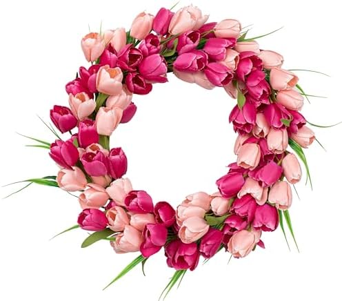 Yawwind Valentines Day Wreaths for Front Door 20 Inch Valentine Door Wreath Valentine's Wreaths Tulip Wreath with Red Pink Artificial Tulip Flowers for Holiday Outside Indoor Window Wall by Yawwind
