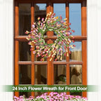 24" Spring Wreaths for Front Door Not Withering Artificial Floral Wreath with Wildflowers Summer Decorations for Indoor Outdoor Window Wall Farmhouse Porch Easter Home Decor Red Orange Purple - Image 4
