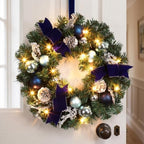Garvee 18in Christmas Wreaths for Front Door with 15 LED Lights Blue Silver by Garvee