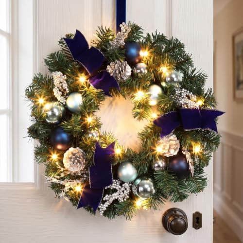 Garvee 18in Christmas Wreaths for Front Door with 15 LED Lights Blue Silver by Garvee