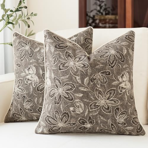MATTINS Vintage Floral Patterned Throw Pillow Covers 24x24, Gray Brown 2PC by MATTINS