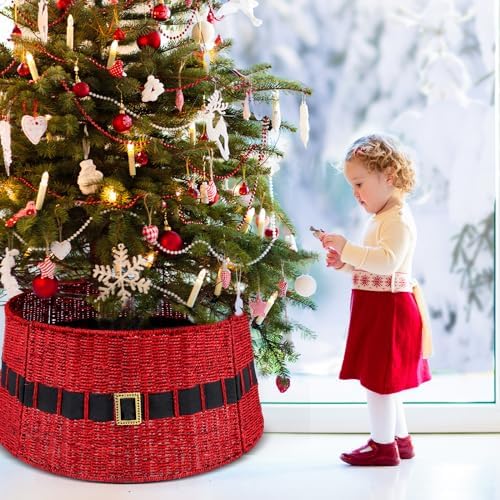 Poen Rattan Red Christmas Tree Collar for Artificial Trees 23.6 Inch Christmas Santa's Belt Tree Basket Base Collar Farmhouse Wicker Skirt Cover for Rustic Party Decoration - Image 7