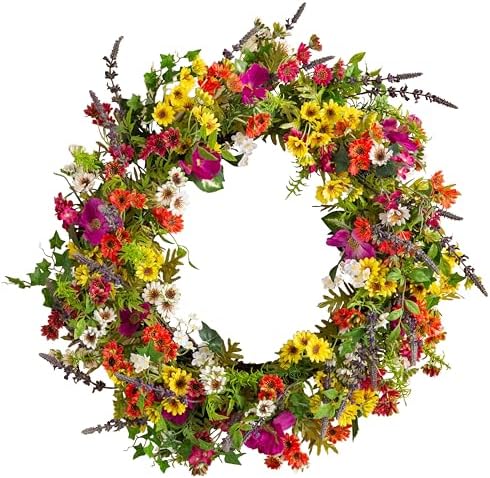 Balsam Hill Outdoor Meadow Spring & Summer Wreath - 28" Premium UV-Protected Floral Door Wreath for Front Door, Patio, Garden & Year-Round Outdoor Display by BalsamHill