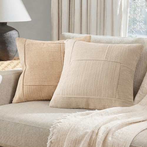 Foindtower Set of 2 Decorative Patchwork Chenille Throw Pillow Covers Textured Neutral Vintage Cushion Covers Modern Boho Accent Home Decor for Sofa Chair Couch Bed Living Room,20×20 Inch,Ivory White - Image 4