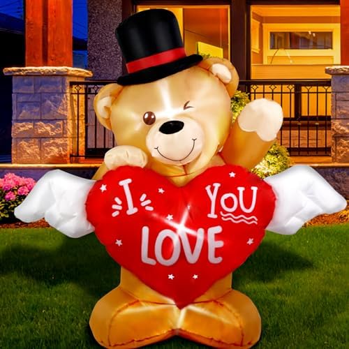 AerWo 4 FT Valentines Day Outdoor Decoration Inflatable Teddy Bear with Love Heart, Valentines Blow Up Yard Decorations with Build-in LED Lights Sweet Valentines Gift for Home Wedding Party Décor by AerWo