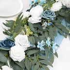 Dusty Blue Flowers Wedding Table Decor - Table Runner & Arch Backdrop with Eucalyptus & Blue Floral Garland - Image 2