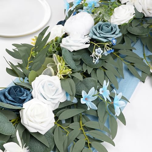 Dusty Blue Flowers Wedding Table Decor - Table Runner & Arch Backdrop with Eucalyptus & Blue Floral Garland - Image 2