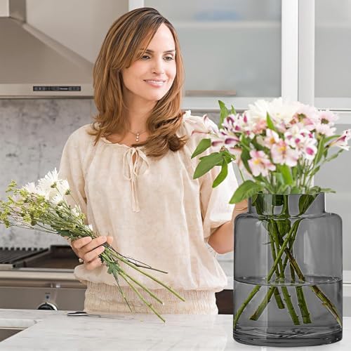 KOIUEYW 9 Inch Tall Vases for Flowers, Large Glass Vase for Centerpieces, Clear Glasses Home Decor Modern Jarrones Decorativos for Wedding Living Room Dining Table (Gray) - Image 5