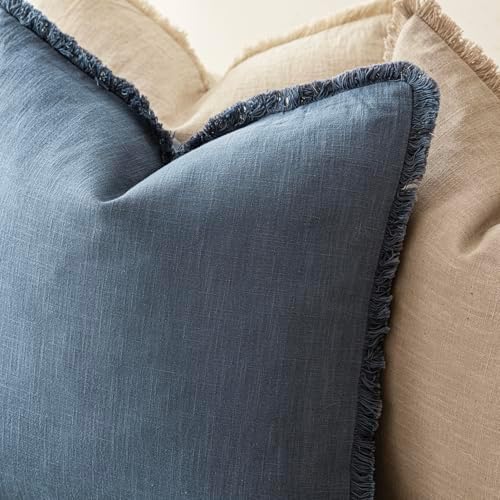 Foindtower Decorative Linen Fringe Throw Pillow Covers 20×20 Inch,Dark Blue - Image 5