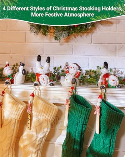 Minetom Christmas Stocking Holders for Mantle Set of 4, 3D Resin Snowman Figurines Stocking Hangers, Home Xmas Decorations for Fireplace Mantel Table Garland - Image 2