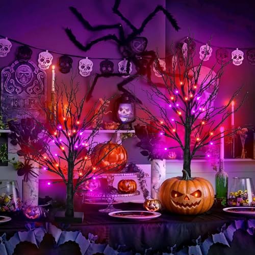 2 Pack 24 Inch Black Halloween Tree with 24 LED Orange Purple Lights, USB Battery Operated Halloween Table Decorations Tree Light with Timer, Scary Halloween Decorations Indoor for Home Party Decor - Image 4
