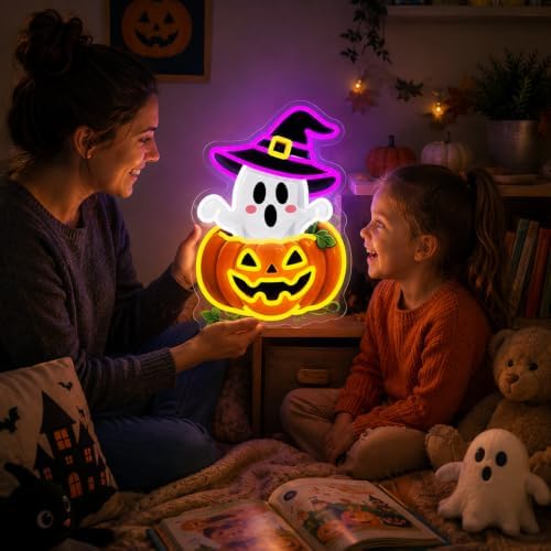 Halloween Neon Sign, Dimmable Cute Ghost Pumpkin LED Lights for Wall Decor - Image 2