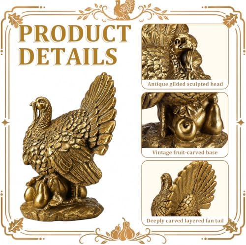 11.8 Inch Gold Turkey for Fall Thanksgiving, Vintage Resin Turkey Figurine - Image 4