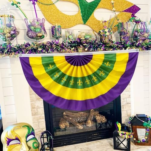 4 Pcs Mardi Gras Bunting Flag 2 x 4Ft Carnival Pleated Fan Flag with Embroidery Iris Banner Mardi Gras Purple Yellow Green Party Decor for Indoor Outdoor Garden Hanging Porch Home Decoration - Image 4