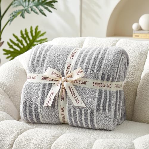 Snuggle Sac Checkered Throw Blanket for Couch,Reversible Soft Cozy Fluffy Blankets for Sofa Bedroom,Cute Lightweight Striped Throws for Women,Heather Light Grey,50x60 inches - Image 5