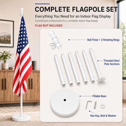 Flag Stand Indoor - 1" Heavy Duty Metal Flag Pole Set with Base,6-8ft Adjustable,Portable & Free Standing for Office,Meeting Room,Classroom,Entry Area,Outdoor Porch Deck (White) - Image 6